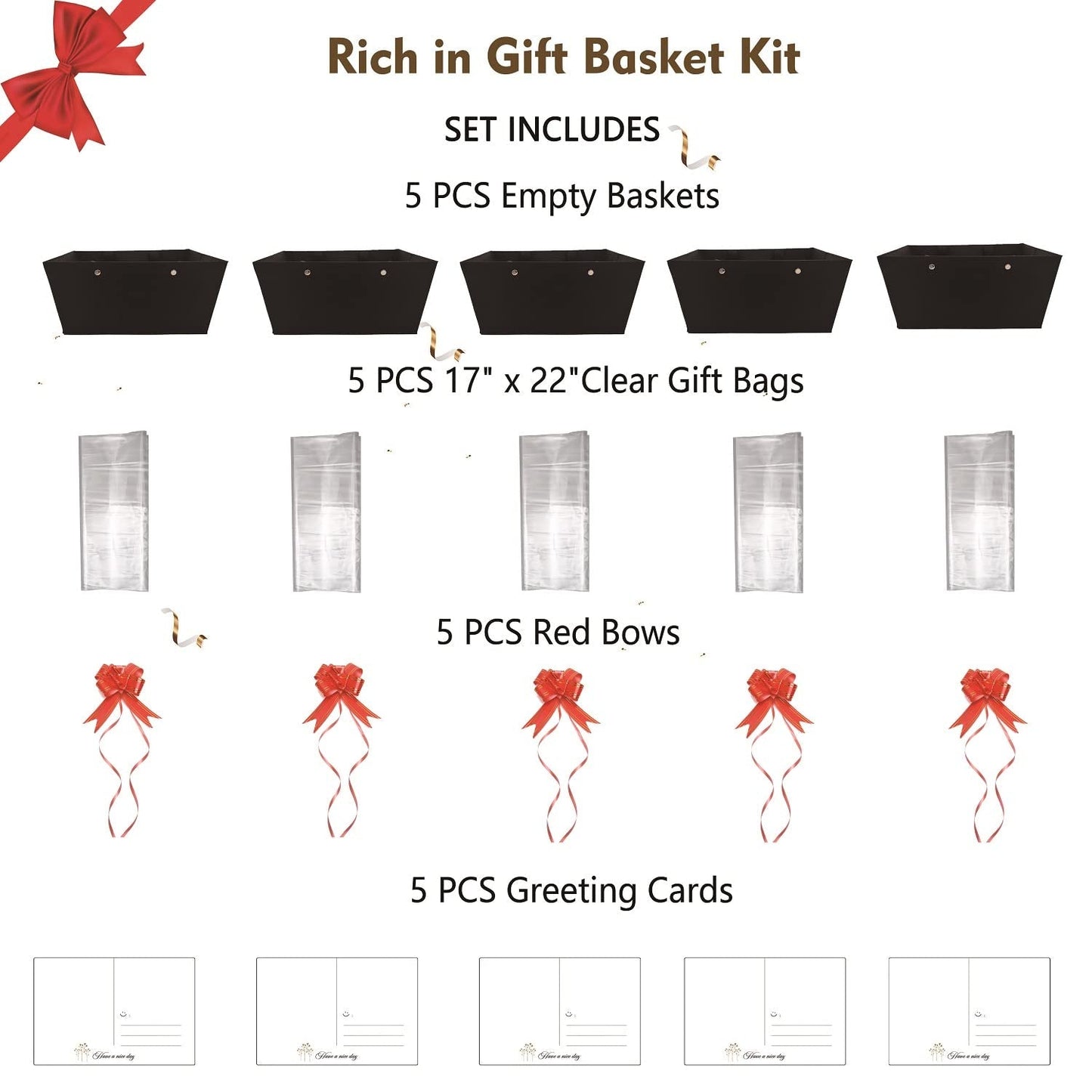 Baskets For Gifts Empty, 5 PCS Black Gift Bags With Handles DIY Kit, Gift Basket Empty To Fill Bulk For Party Favors Wedding Birthday Christmas Halloween Sympathy Thank You