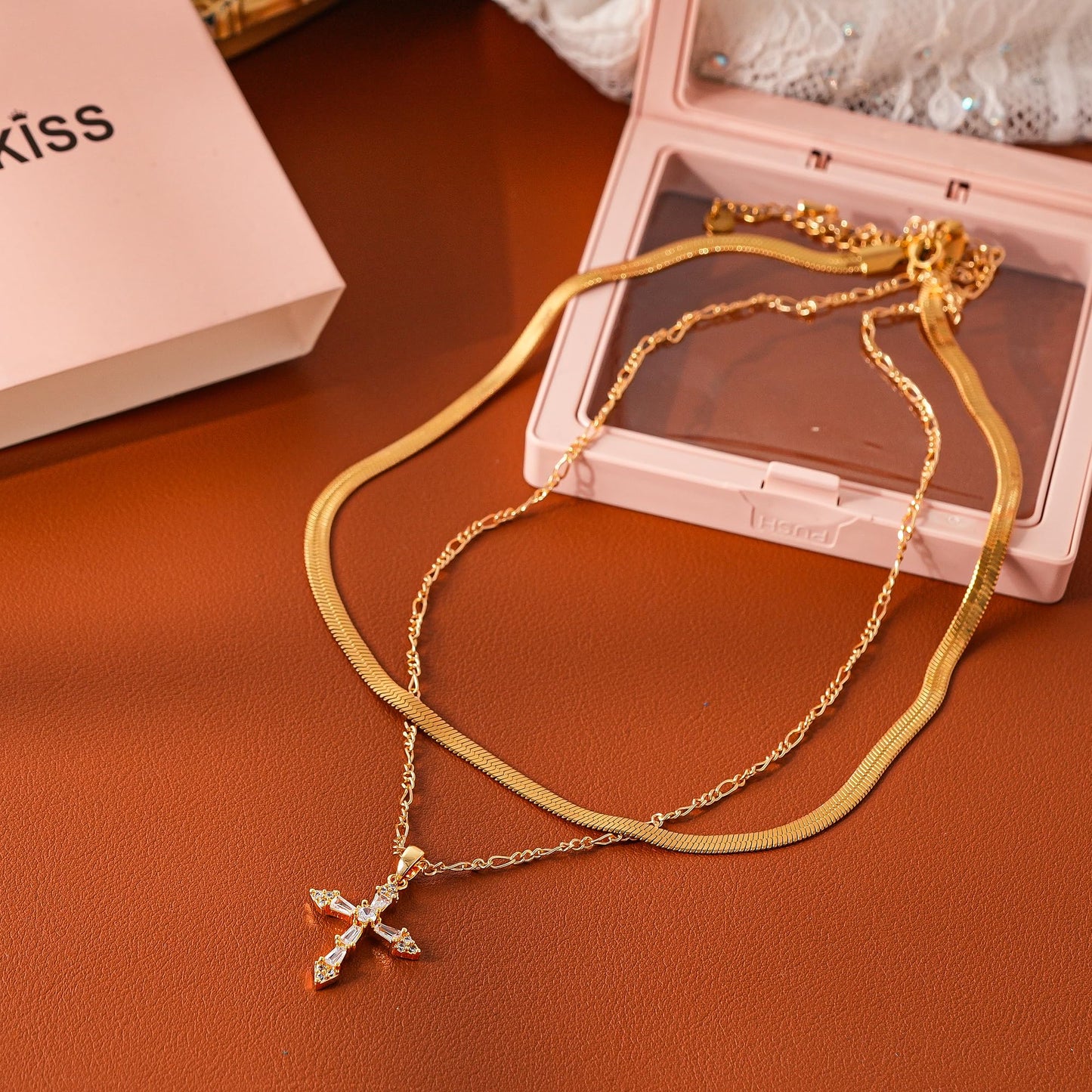 ANDKISS Layered Cross Necklace for Women - Dainty 14K Gold Plated Stacked Necklaces Trendy Snake Chian Cross Pendant Necklace Jewelry Gifts Christmas Women