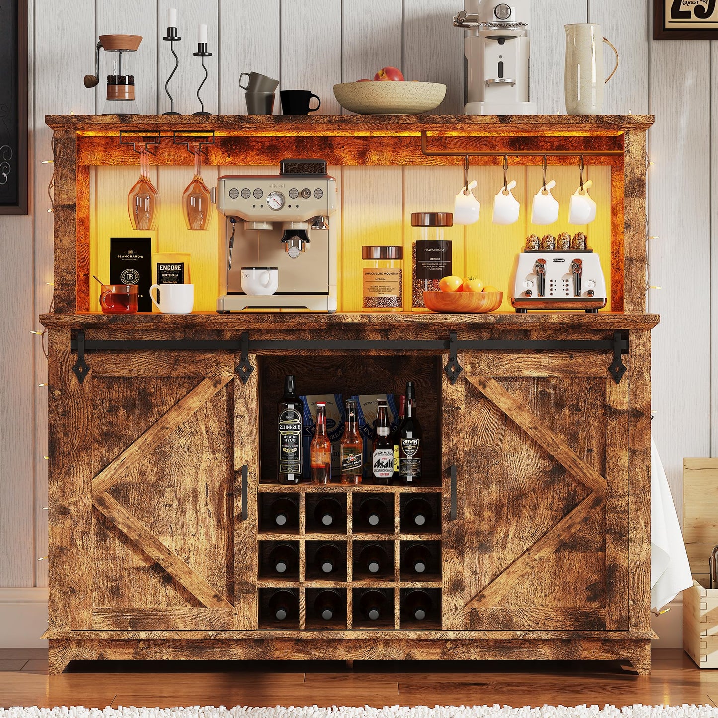 Hetoy Farmhouse Coffee Bar Cabinet 55" Tall with Sliding Barn Door, LED Light, Power Outlet – Storage Drawers, 12-Bottle Wine Rack, Ideal Coffee Hutch for Dining Room or Home Bar
