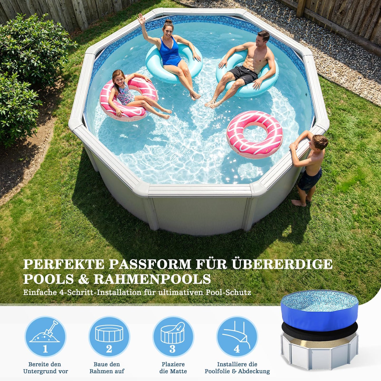 UIRWAY 15FT Round Pool Liner Pad, [2026 New 300G/M² Thicker Heavy Duty] Geotextile Under Pool Mat Padding for Above Ground Pools, Black Pool Floor Pad Prevent Punctures, Reinforced Cushion Protection