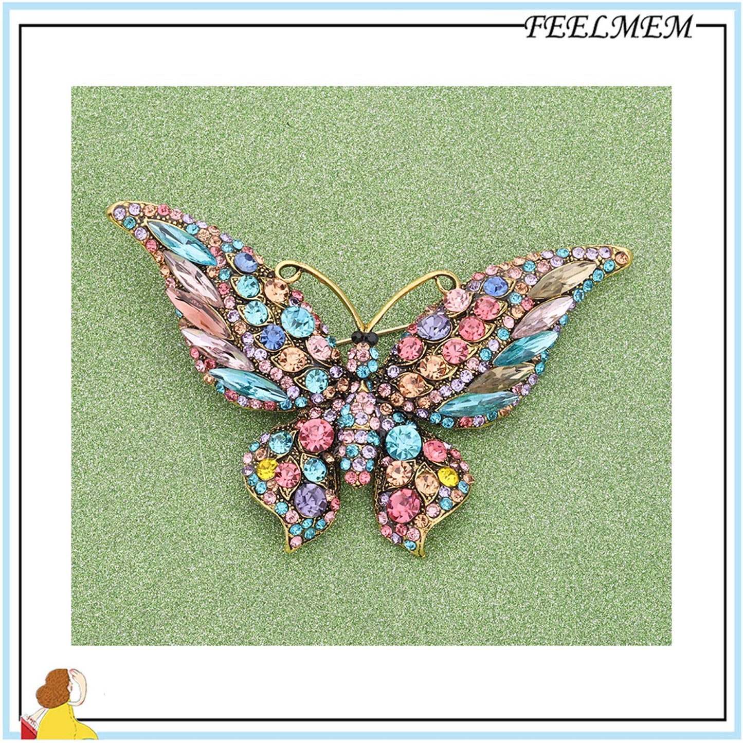 FEELMEM Crystal Rhinestone Butterfly Brooch Pin Blue Color Butterfly Brooches for For Women Wedding/Banquet/Birthday Party (colourful)