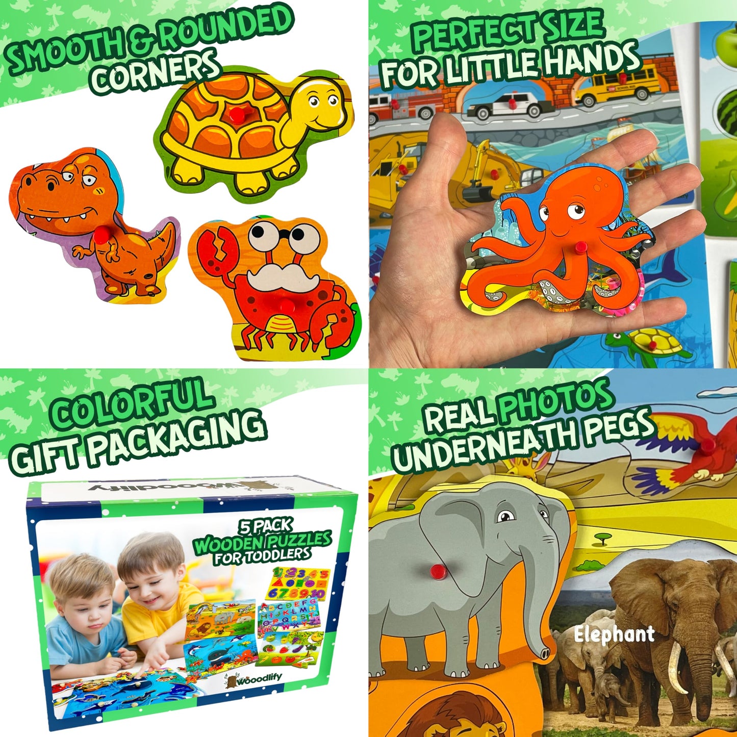 5 Pack Wooden Puzzles for Toddlers 1-3 - Colorful Chunky Wooden Peg Puzzles - Educational Learning Montessori Toys - Toddler Puzzles for Kids Ages 2-4 - Alphabet ABC Number Animal Fruit Shape