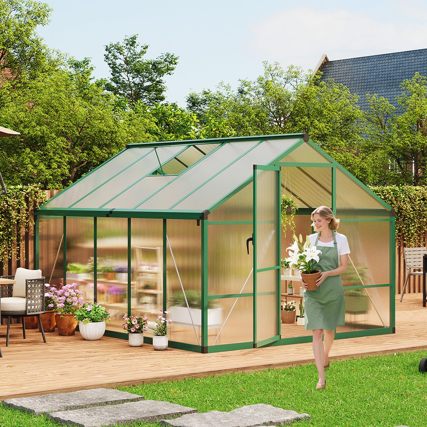 8x10 FT Greenhouse for Outdoors, Polycarbonate Greenhouse with Roof Vent, Ground Nails, Lockable Push Door, Aluminum Large Walk-in Green House for Outside Garden Backyard, Patio, Lawn, Green