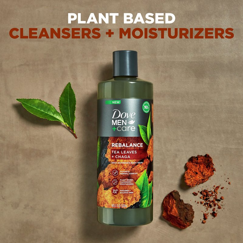 Dove Men+Care Rebalance Body Wash Tea Leaves and Chaga 4 Count With Vitamin and Mineral Complex Moisturizing Body Wash with Plant Based Ingredients 18 oz