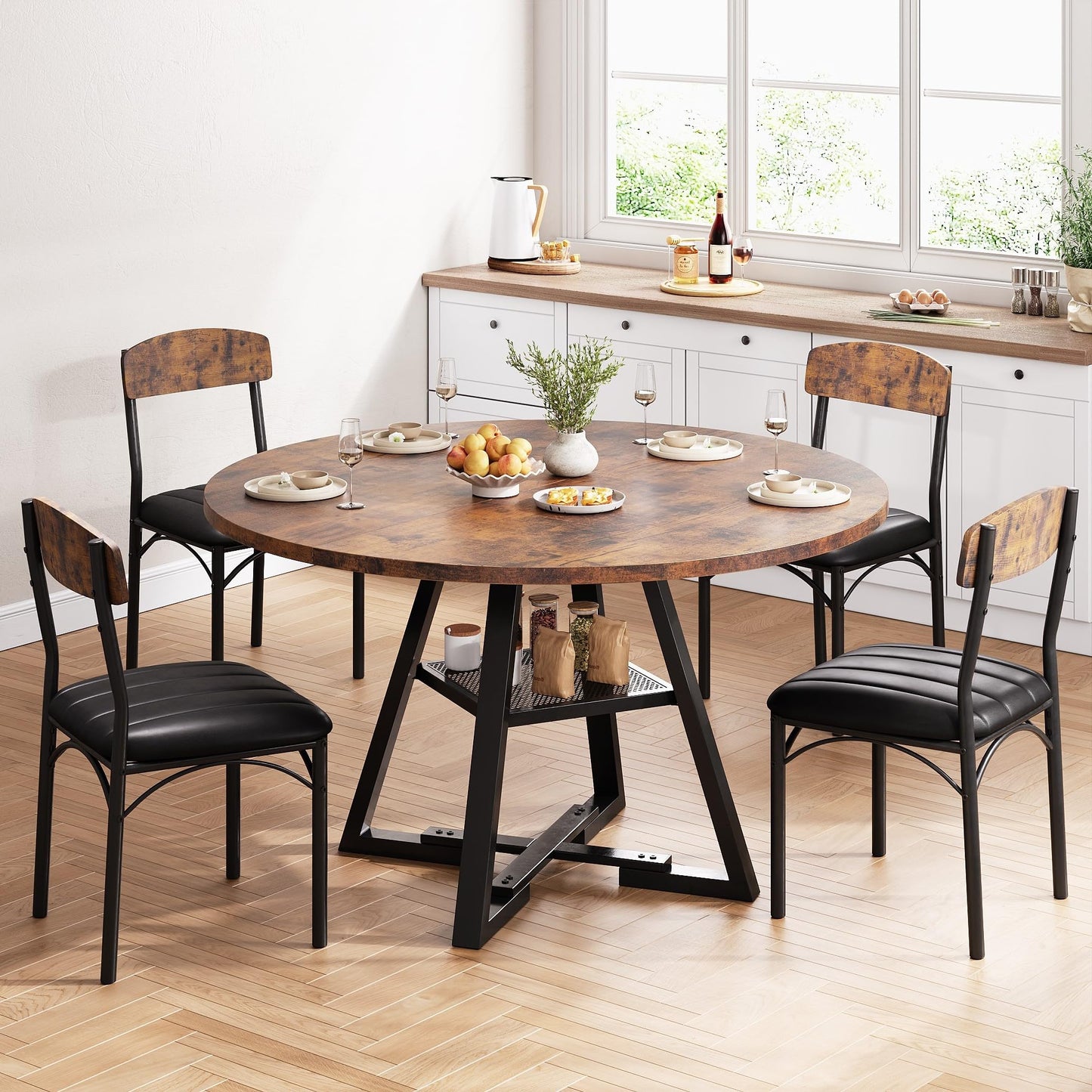 Dining Table Set for 4,Kitchen Table and Chairs for 4, Round Dining Room Table with Upholstered Chairs, 5 Piece Space Saving Circle Wood Kitchen & Dining Room Dinner Dinette Table Set (Vintage, 51In)
