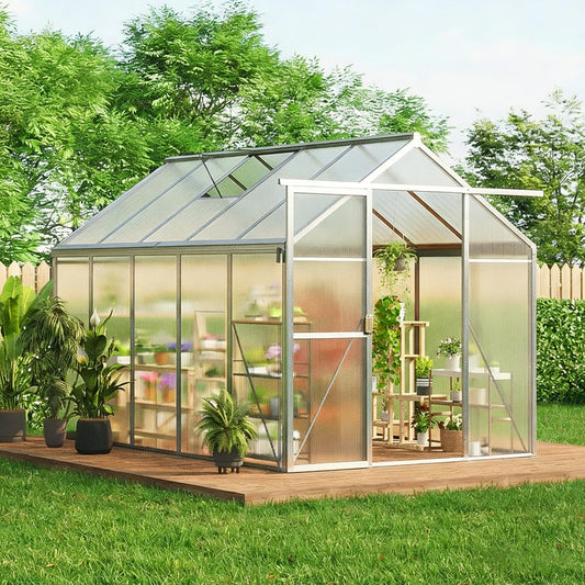 6X10FT Greenhouse, Aluminum Polycarbonate Green House, Green Houses for Outside with Sliding Doors, Outdoor Greenhouse with Ajustable Roof Vent, Withstands Bad Weather for Garden, or Backyard, Silver