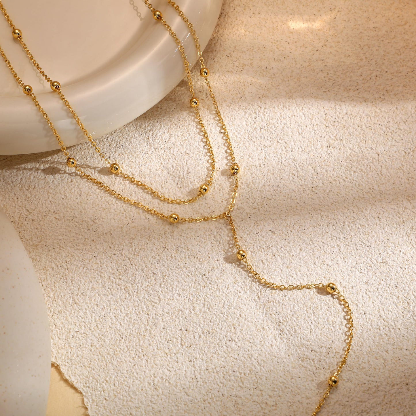 Tewiky Dainty Gold Necklace for Women, 14k Gold Plated Layered Lariat Necklace Simple Long Necklaces for Women Trendy Layering Beaded Chain Gold Choker Necklaces Aesthetic Jewelry for Women