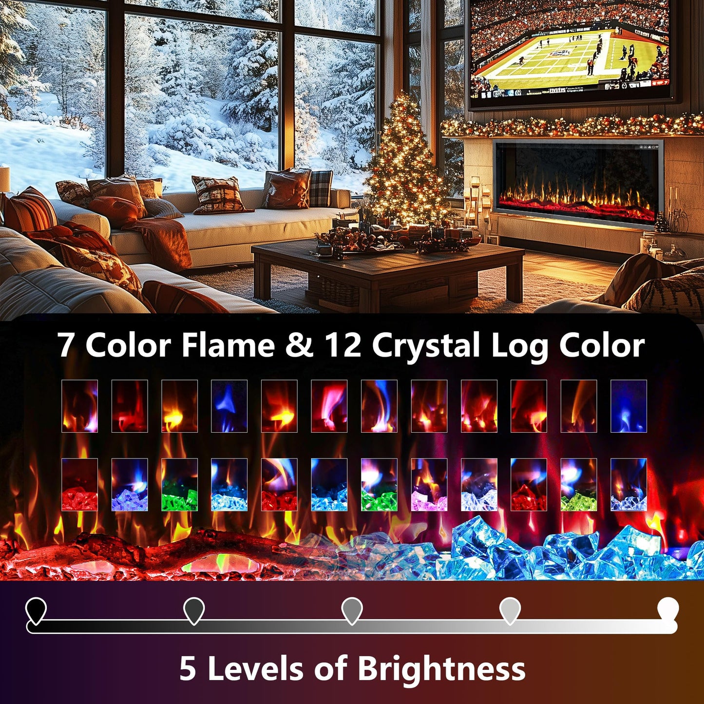 Eueiriup 42" Electric Fireplace in Wall Recessed & Wall Mounted Linear Fireplace with Temperature Control, Log & Crystal Option, Remote Control 750/1500W for Indoor Used Heater