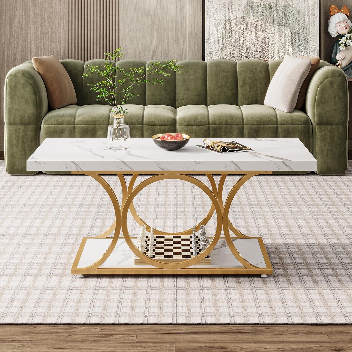 Tribesigns 46.45” Rectangle Coffee Table, Modern Coffee Tables for Living Room, 2-Tier Faux Marble Wood Coffee Table with Geometric Legs, Furniture with Storage Shelf (White & Gold)