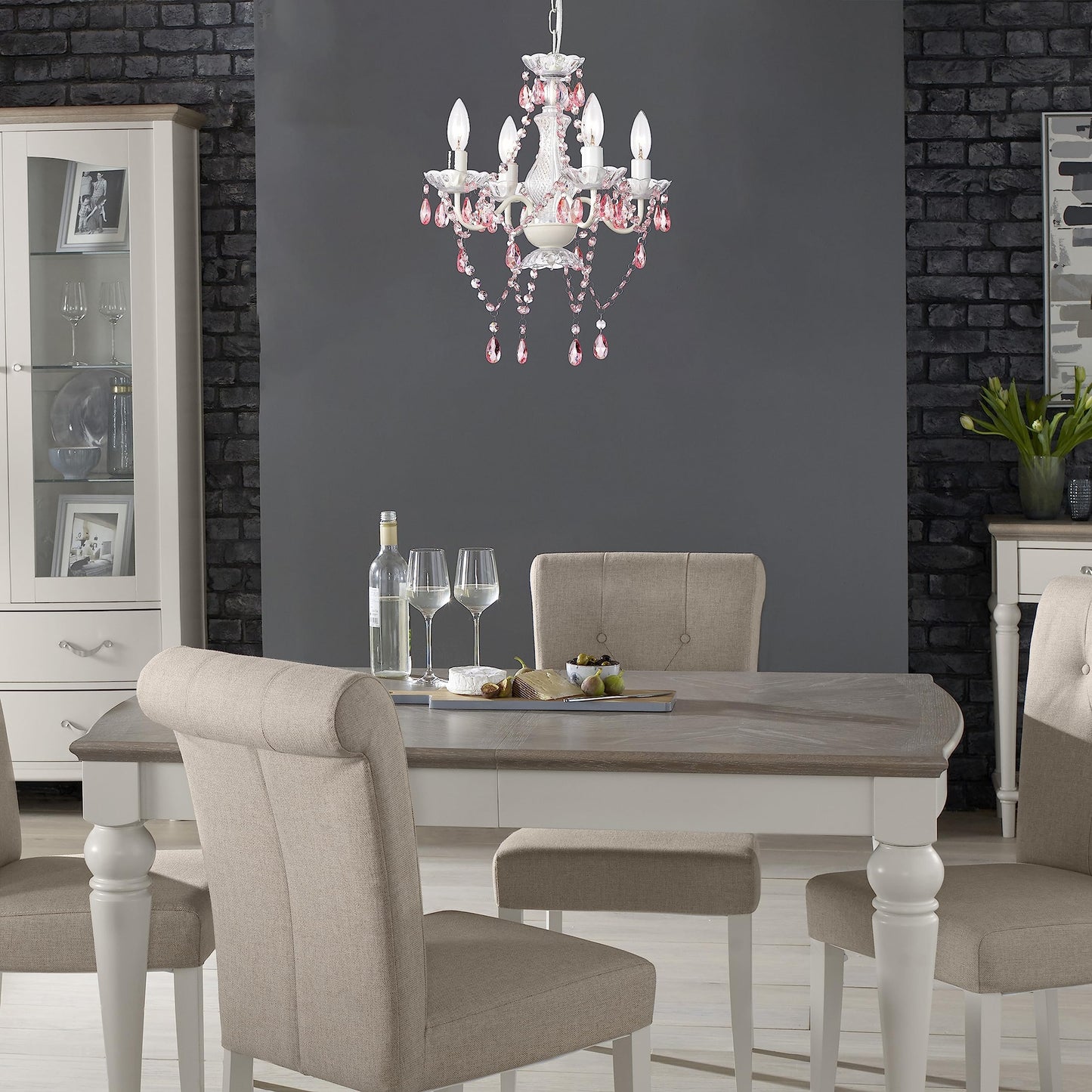 LaLuLa Pink Chandelier White Chandeliers Lighting with Acrylic Crystals Mini 4 Lights Pendant Light for Bedroom and Girls Room