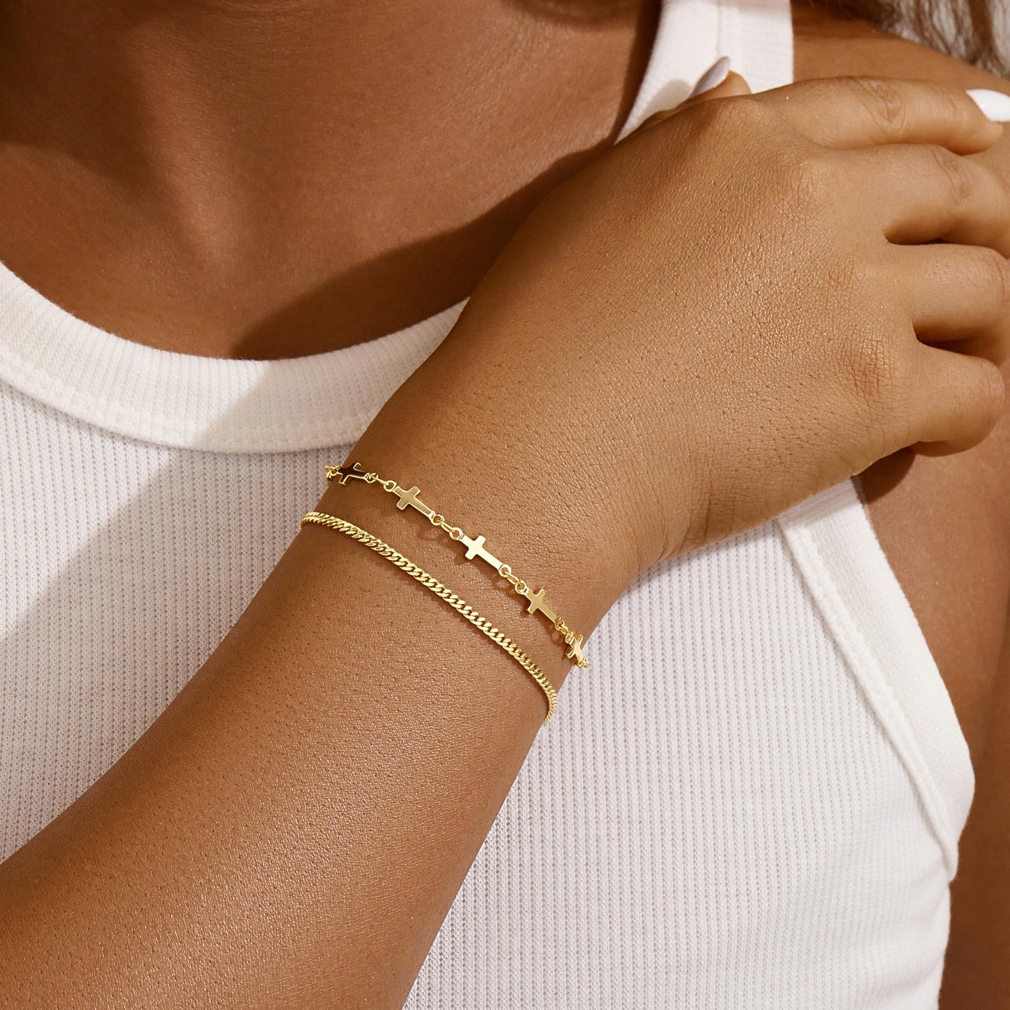 Poxtex Gold Cross Bracelets for Women, Gold Jewelry Set Dainty Waterpoof Cuban Link Layered Bracelet for Women Trendy Jewelry Gifts