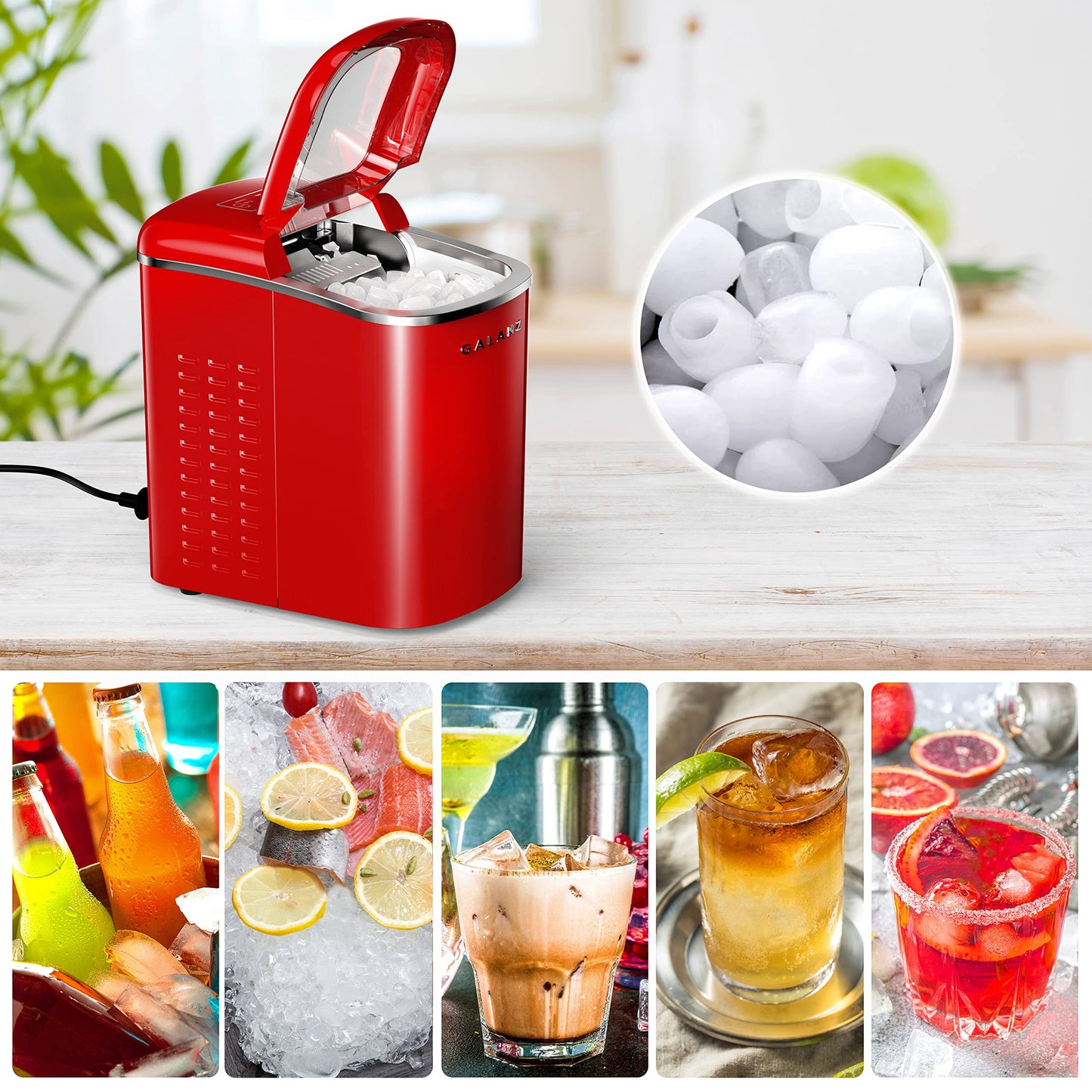 Galanz GLCI26SRA3A Portable Countertop Electric Ice Maker Machine 26 lbs in 24 Hours, 9 Bullet Shaped Cubes Ready in 9 Minutes, 2 Ice Sizes, Perfect for Parties & Home Bar, 2.1 L, Silver