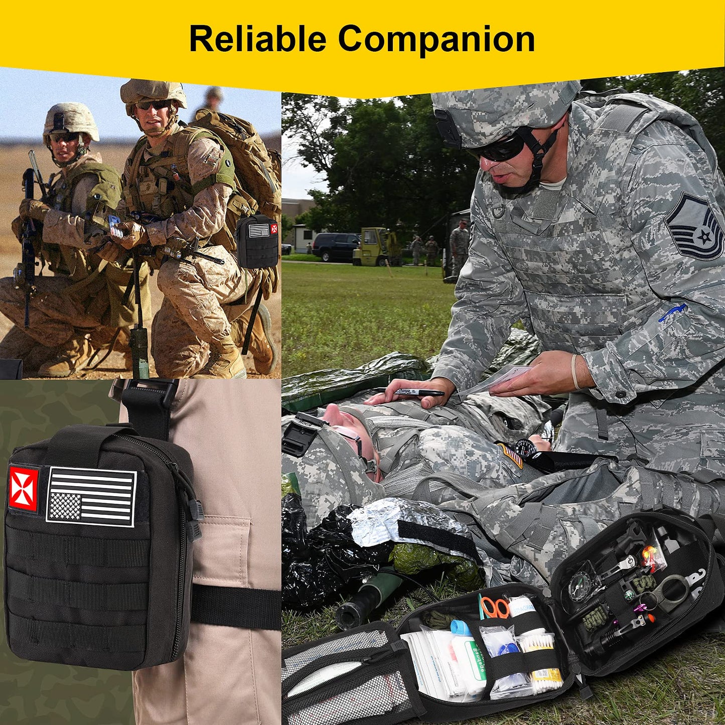 Survival First Aid Kit, 248PCS Survival Tools Camping Essentials Tactical Gear Emergency Trauma Medical Supplies Packed in a MOLLE Pouch, Saber Card,Cool for Men Camping Hiking Outdoor Activities