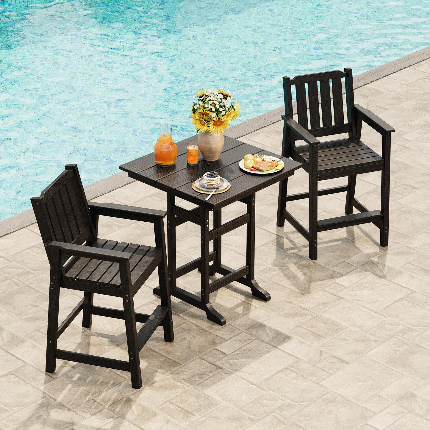 GarveeHome Outdoor Slatted Bar Table and Chairs Set for 3, 3-Piece Bar Height Table and Chairs with Umbrella Hole and Footrest, HDPE All-Weather Patio Bar Set for Balcony, Backyard, Poolside, Black