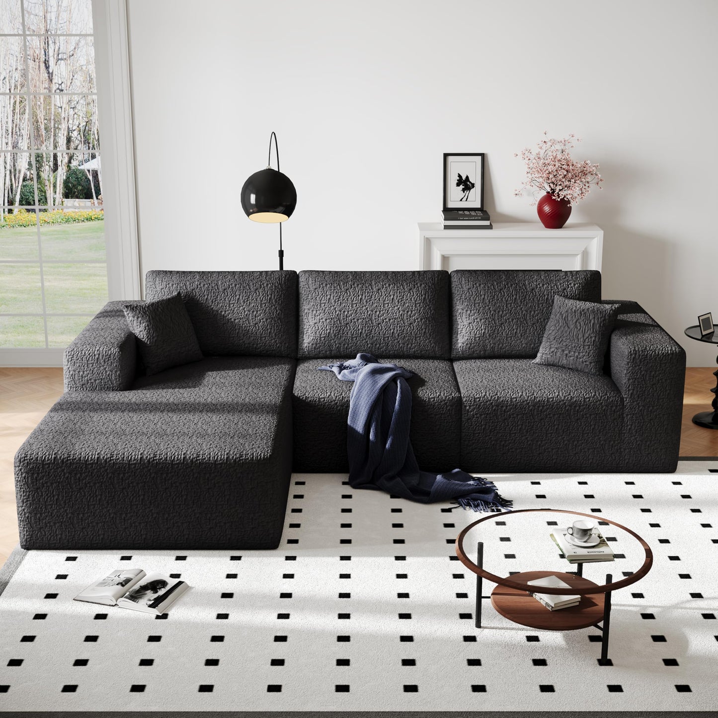 108" Cloud Modular Sectional Couch with L-Shape Chaise, Modern Sectional Sofa with Deep Seat Couch, Ultra Soft Knit Fabric Couches for Living Room, No Assembly Required, Left Facing Chaise (Black)