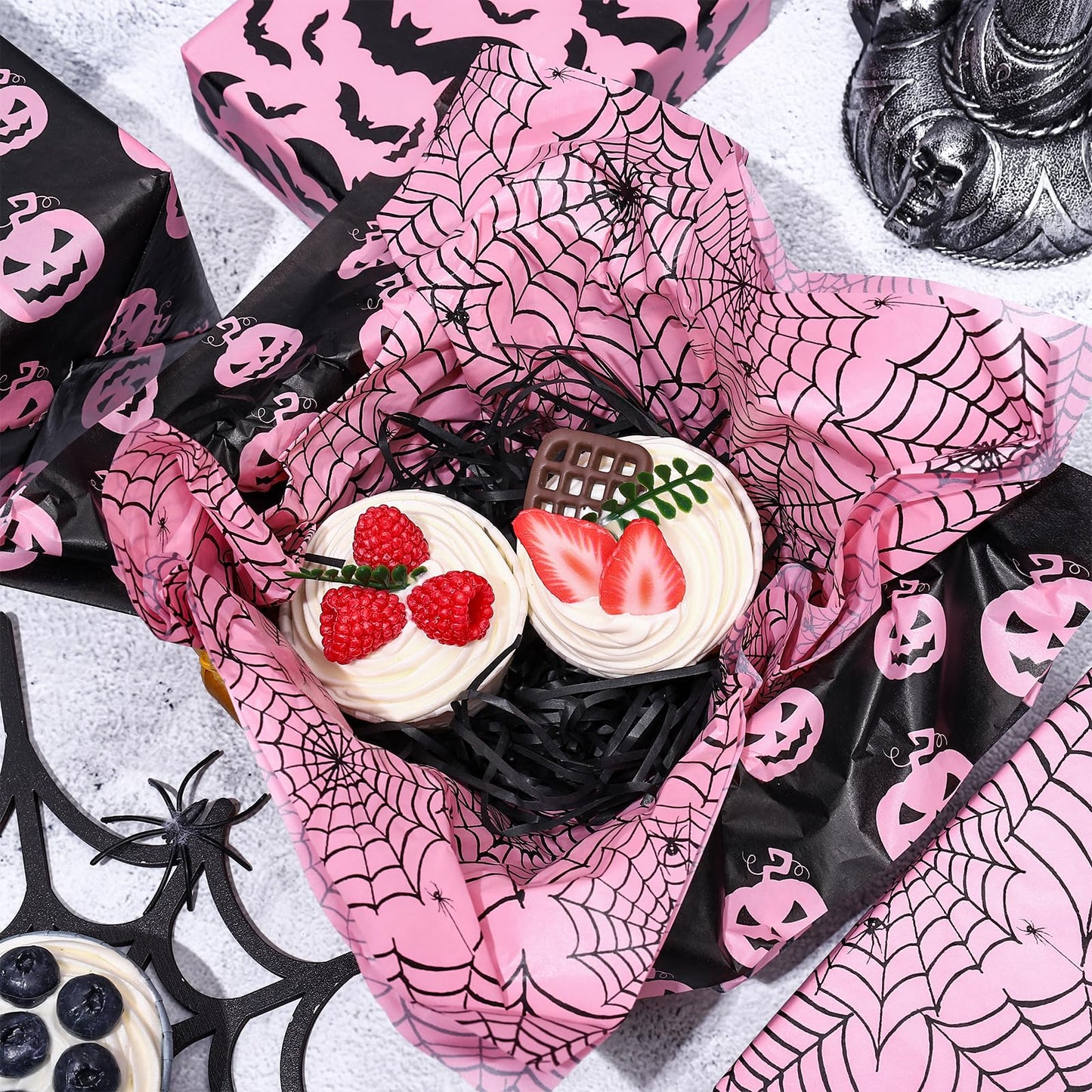 Whaline 90 Sheets Halloween Tissue Paper Pink Black Pumpkin Bat Spiderweb Gift Wrapping Paper for DIY Art Craft Halloween Birthday Baby Shower Party Supplies, 13.7 x 19.6 Inch