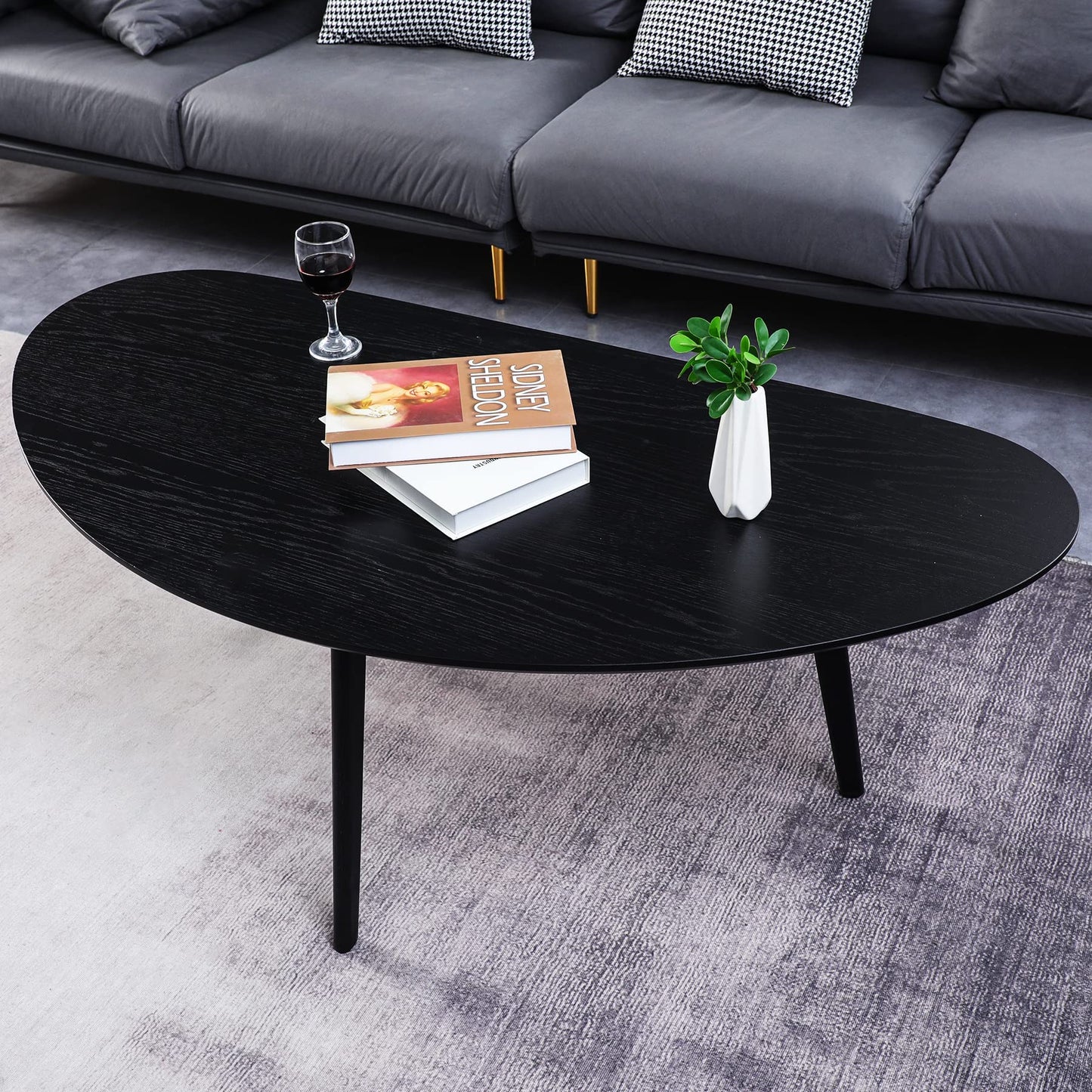 FIRMINANA Mid Century Modern Coffee Table, Oval Black Coffee Table for Living Room & Small Spaces, 47.3" W x 23.63" D x 17.72" H