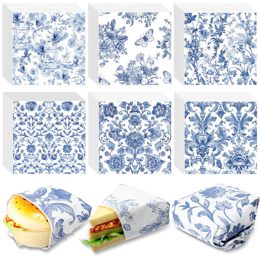 Affrolling 600 Pcs Wax Paper Sheets for Food Blue Floral Chinoiserie Bird Deli Paper Vintage Sandwich Burger Parchment Wrapper Food Basket Liner Wax Sheets for Picnic Party Supplies Kitchen, 6 Styles