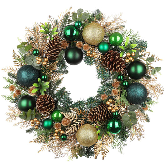 24" Christmas Wreath for Front Door Artificial Christmas Wreaths with Green Ball Ornaments Berries Pine Cones Norfolk Pine Needles Cedar Decor for Home Porch Wall Window Indoor Outdoor Xmas Decoration