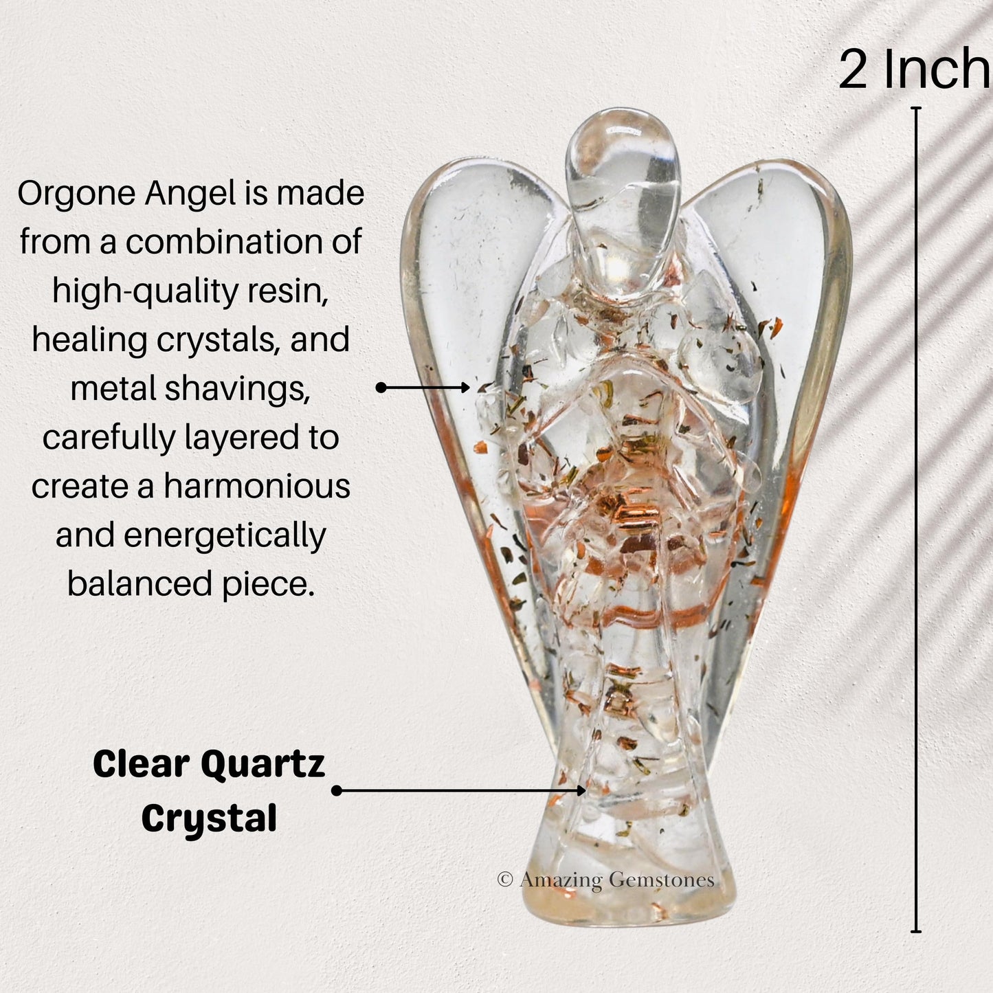 Amazing Gemstone Clear Quartz Guardian Angel Figurine Pocket Crystal Angel for Protection - Orgone Guardian Angel with Orgonite Layer and Natural Crystal for Healing Gift (2 Inch, Organite)
