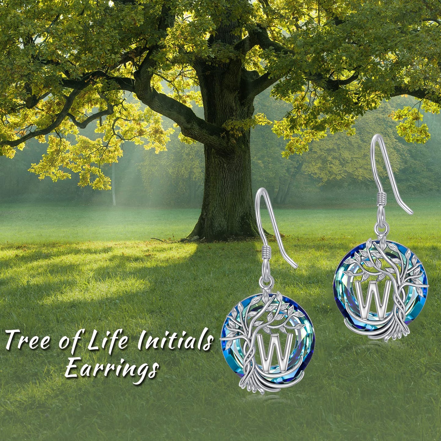 TOUPOP Tree of Life Initial Earrings Sterling Silver Initial W Letter Drop Dangle Earrings Blue Circle Crystal Family Tree Jewelry Birthday Mothers Day Gifts for Women Mom Her