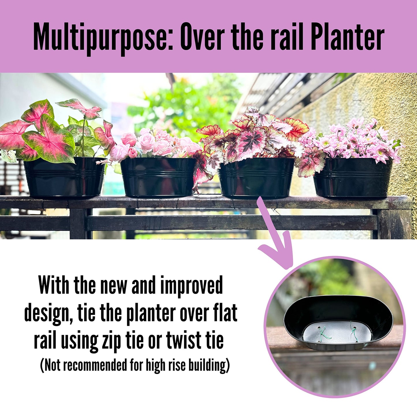 LaLaGreen Bundle - 4 Pack, 11.2 Inch Black + 4 Pack, 11.2 Inch White Rounded Metal Iron Hanging Flower Pot Wall Mount Window Box Plant Holder Deck Railing Fence Patio Porch Modern Garden Outdoor Decor