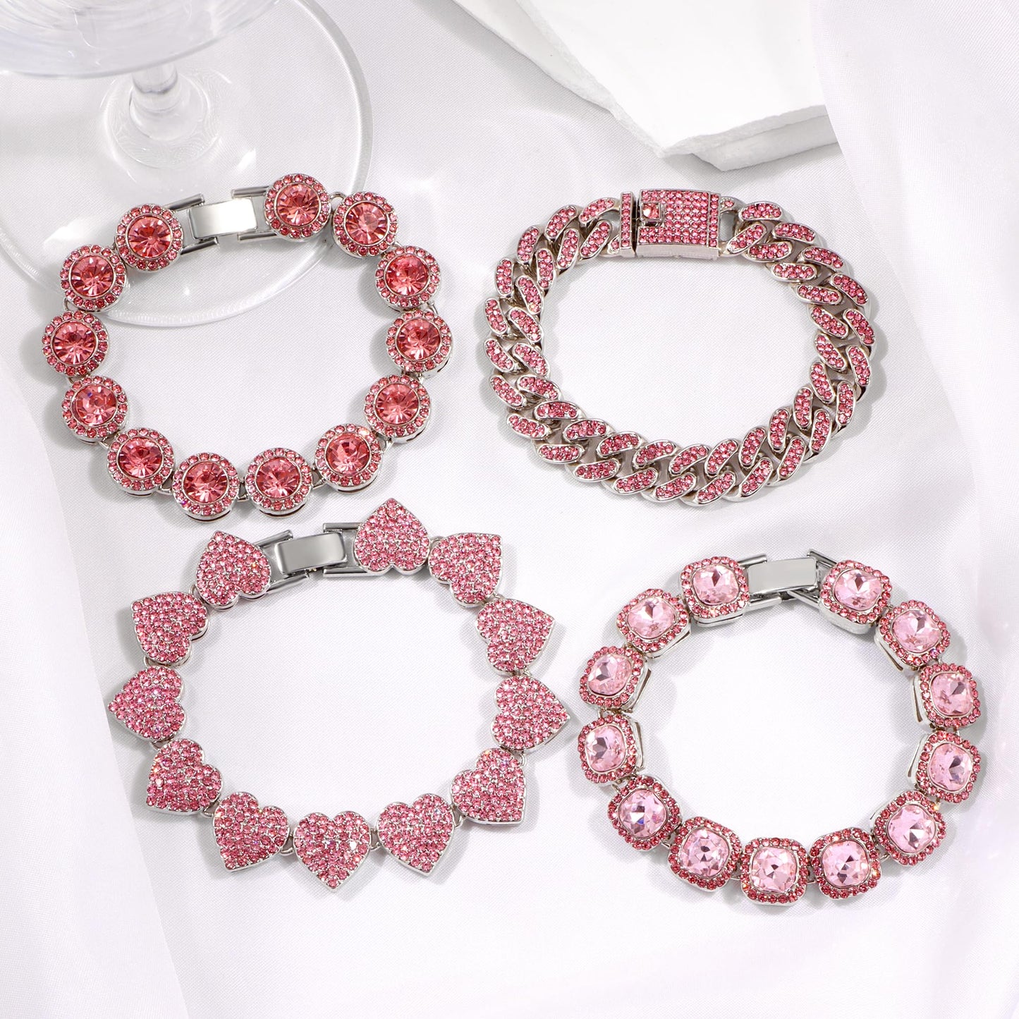 shopbyskyler 4PCS Gold Bracelets for Women Silver Clustered Tennis Bracelet for Women Heart Round Diamond Cuban Bracelet Layered Link Bracelet Set Fashion Jewelry for Women Set (Pink, 8inch)