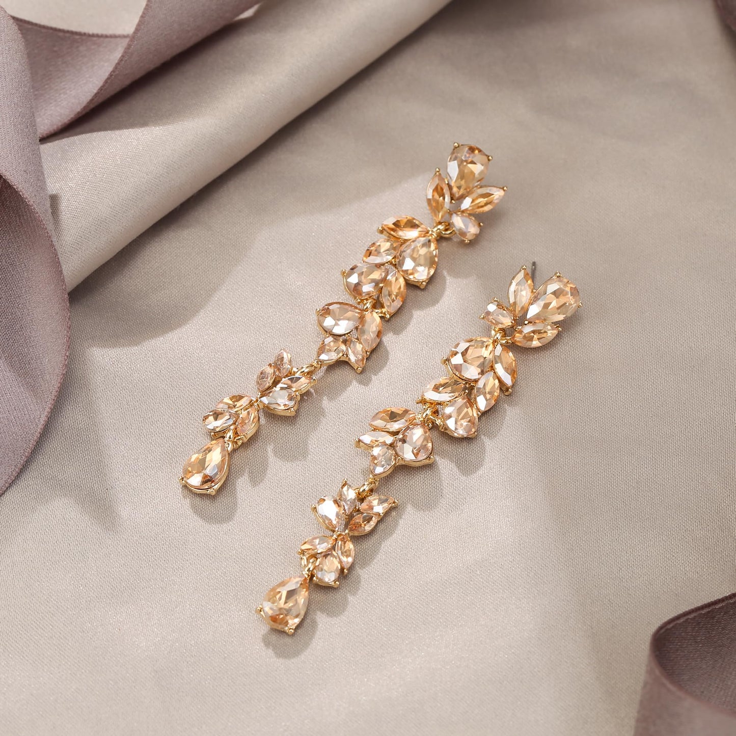 EVER FAITH Banquet Rhinestone Crystal Chandelier Dangle Earring for Women Brides, Art Deco Marquise Teardrop Bridal Long Drop Earrings for Prom Champagne