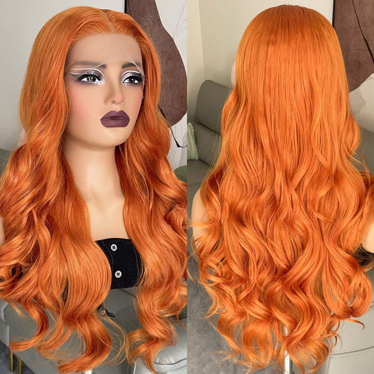 ZAVIDE Ginger Synthetic Lace Front Wig Orange Big Wave Glueless Wig Tpart 13x5x1 HD Lace Wig For Women