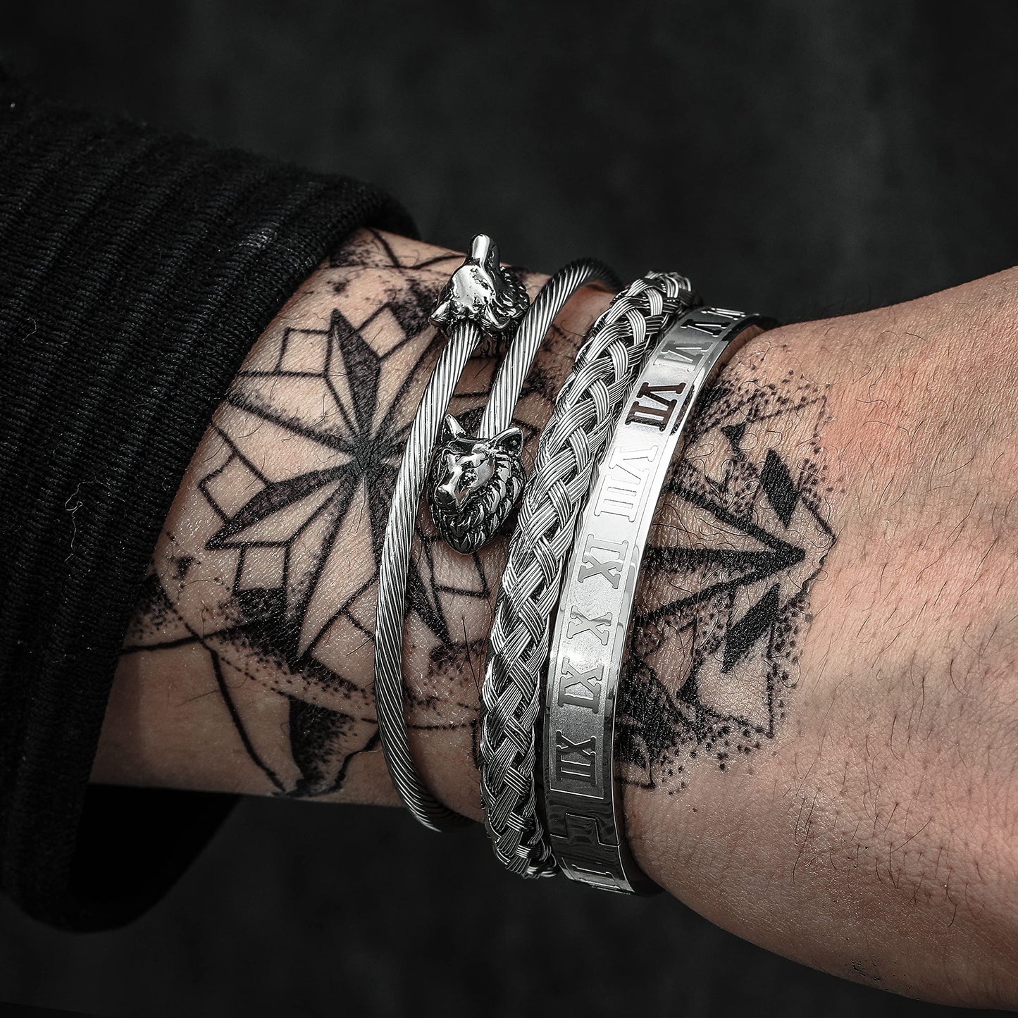 WFYOU 3PCS Stainless Steel Bracelets for Men Gold Roman Numeral Bangle Bracelet Twisted Cable Bracelet Adjustable Cuff Bracelet Mens Luxury Jewelry Bracelets Gifts(M:Silver)