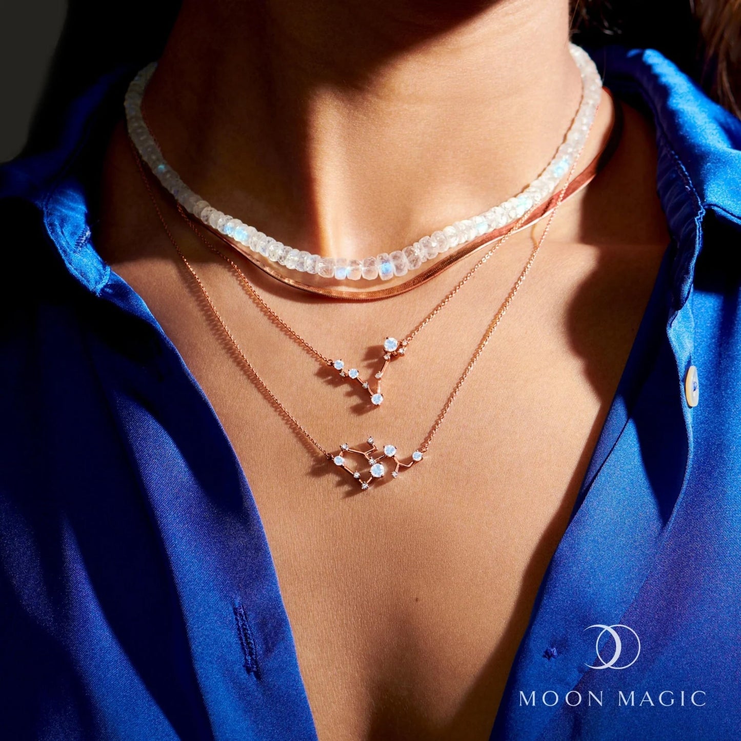 Moon Magic Moonstone Necklace - Sagittarius Zodiac Constellation / 925 Sterling Silver - 18k Rose Gold - Yellow Gold Rainbow Moonstone Necklaces for Women/Authentic Rainbow Crystal Jewelry