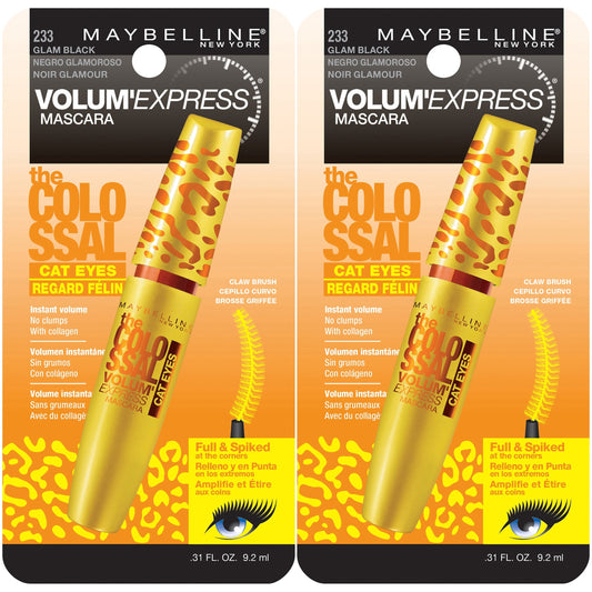 Maybelline New York Volum' Express The Colossal Cat Eyes Washable Mascara Makeup, Glam Black, 2 Count, Washable Glam Black