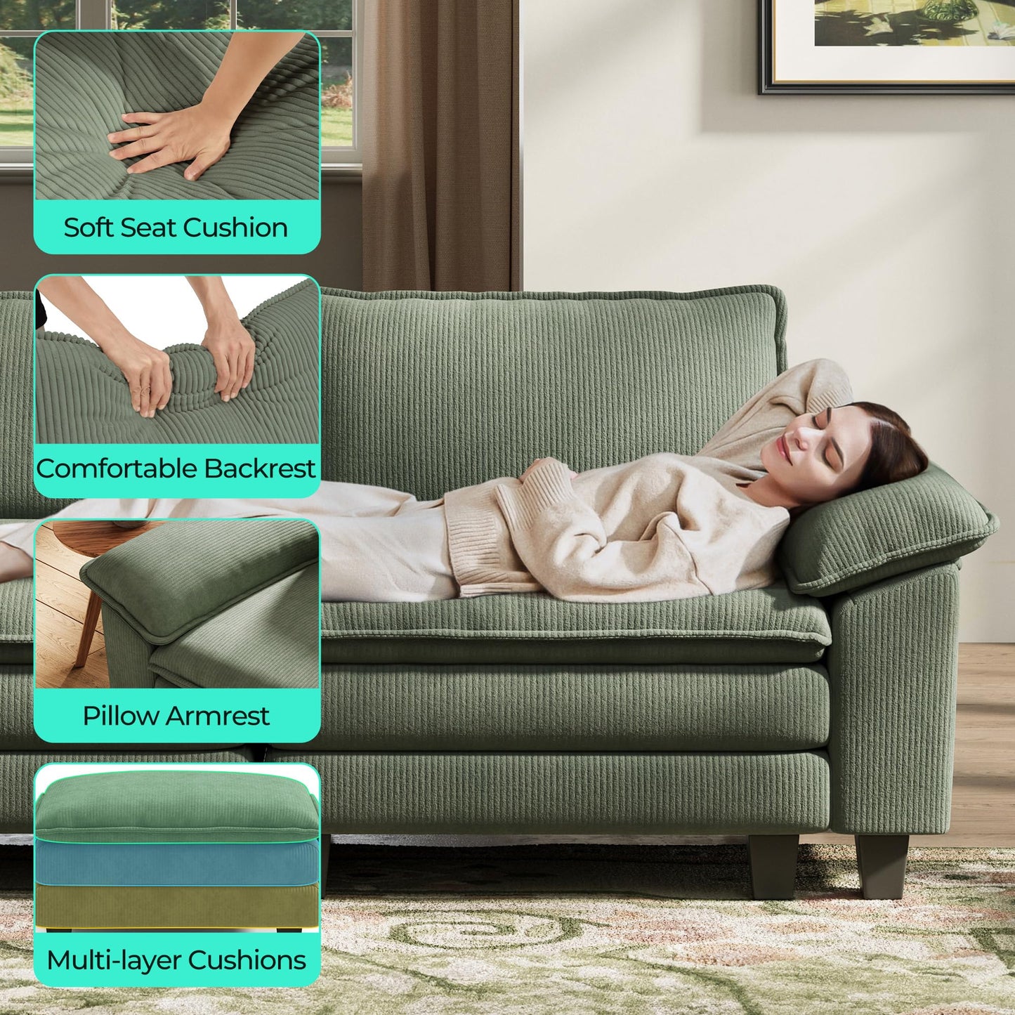 LINSY HOME Modular Sectional Sofa - 157 Inch Oversized Corduroy Cloud Couch with Movable Ottoman Soft Modern Comfy Sofa Set for Living Room Apartment Office (Green, 4-Seat & 4-Ottoman)