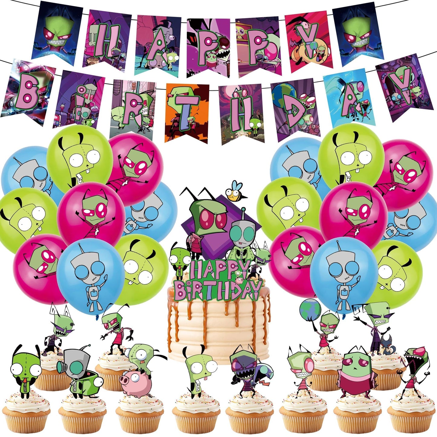 Invader Birthday Party Decoration, Include Happy Birthday Banner, Cake Topper, Latex Balloons, Invader Party Supplies for Adults, Teens Fans