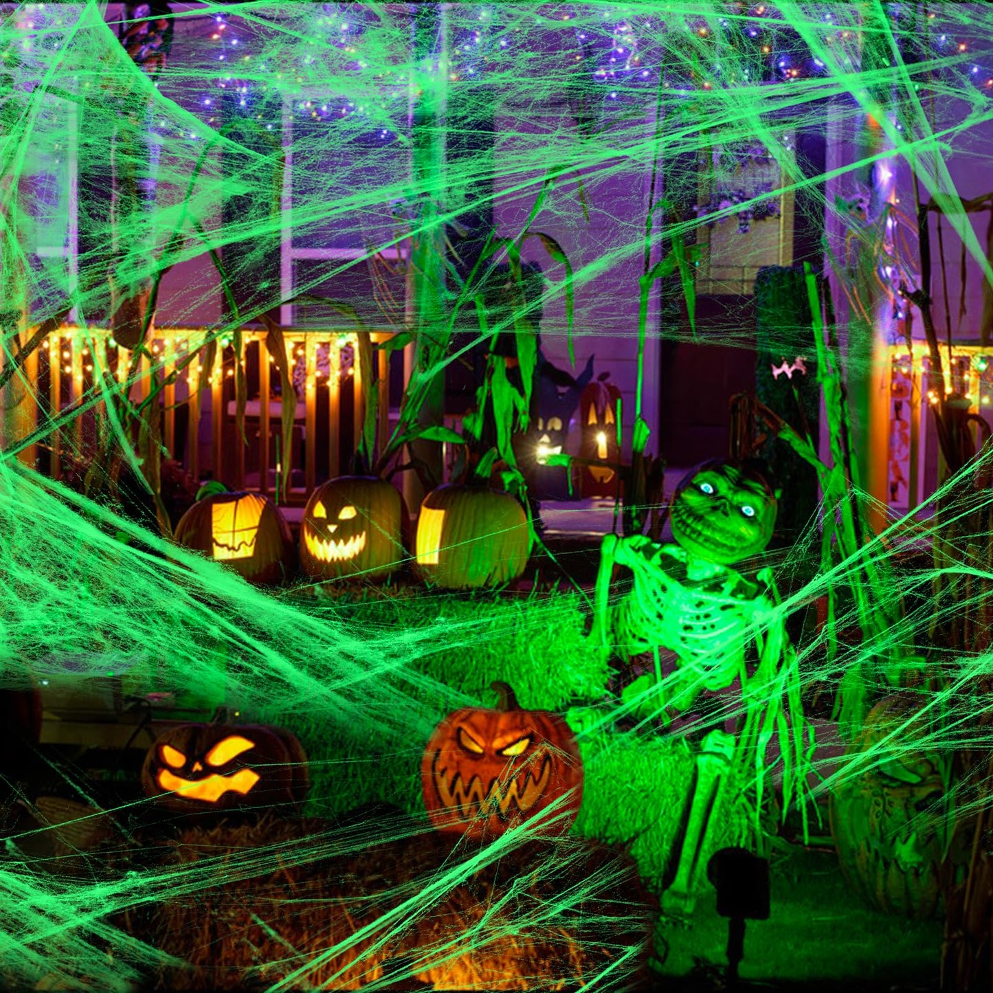 DERAYEE Halloween Glow in The Dark Spider Web Decorations, 700sqft Super Stretch Fake Cobwebs with 50 Plastic Spiders for Halloween Party Indoor Outdoor Supplies (200g)