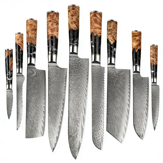 9 PCS Damascus Kitchen Knife Set - 67-Layer High-Carbon Damascus Steel, Pro Chef/Slicing/Utility/Paring Knives & Sharp Cleaver, Ergonomic Rosewood Handles, Ideal for Home/Pro Cooks (Black 9J)