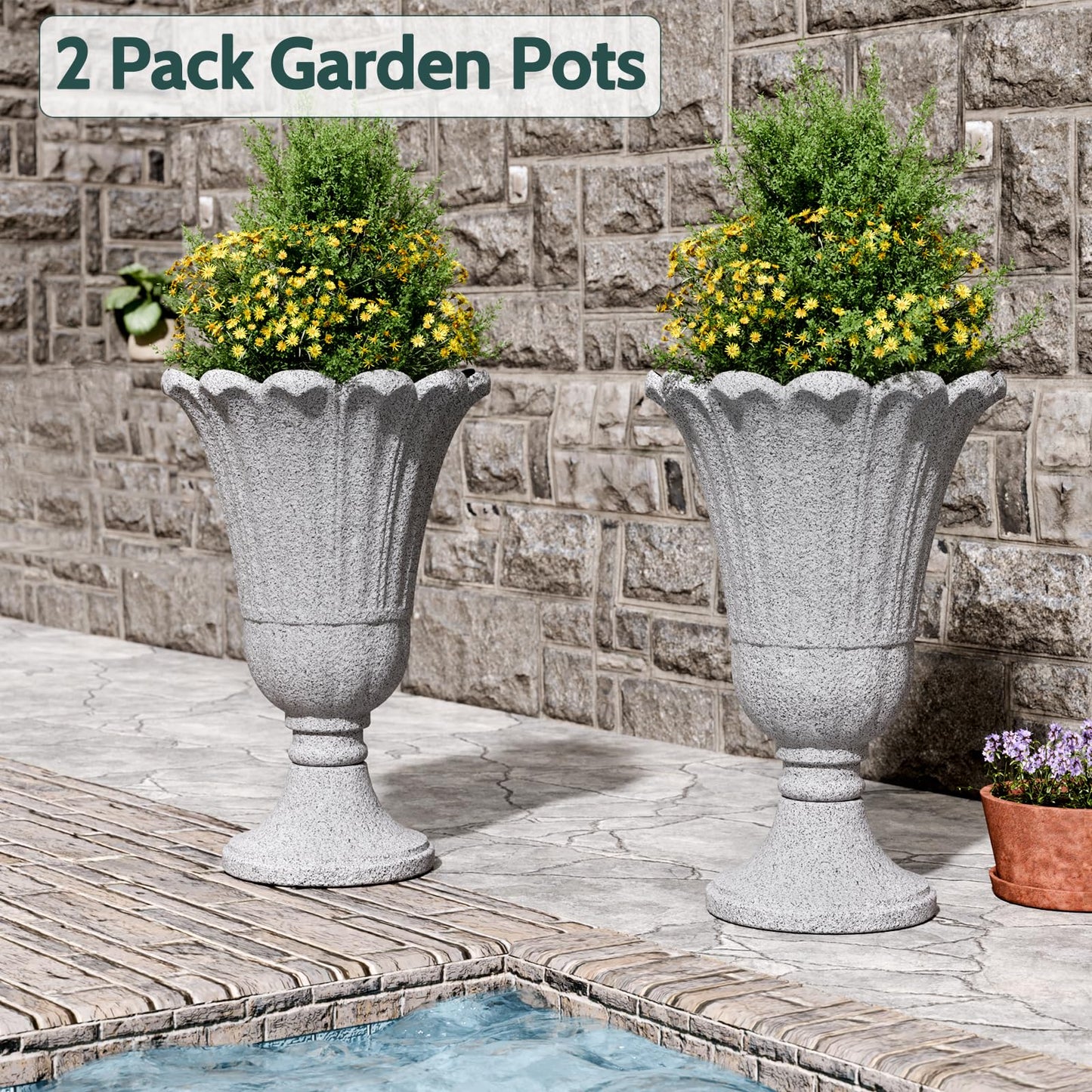 Trygoal 23.6" Tall Plastic Urn Planters for Outdoor Plants, Set of 2 Heavy-Duty Classic Indoor Large Flower Pots with Drainage Holes & Petal Design, Outdoor Planters for Porch, Home Garden, Grey
