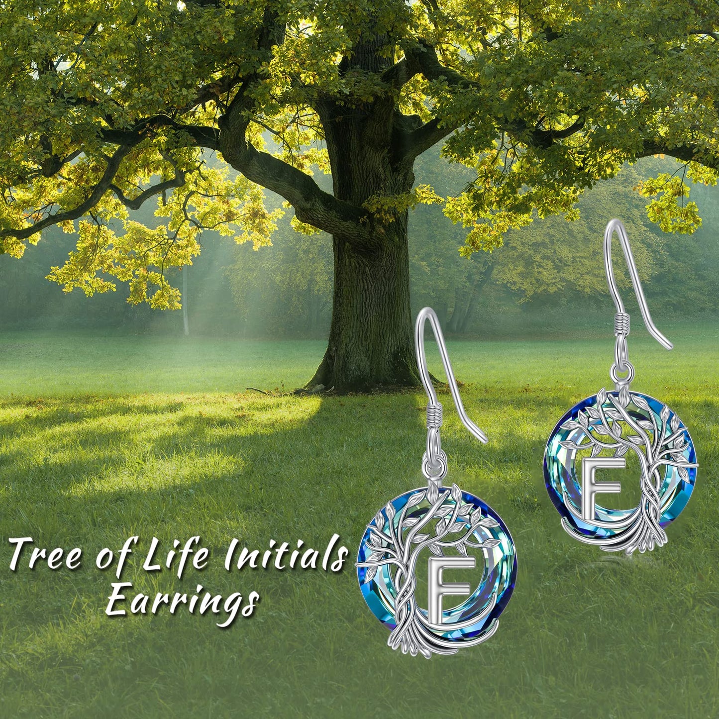 TOUPOP Tree of Life Initial Earrings Sterling Silver Initial F Letter Drop Dangle Earrings Blue Circle Crystal Family Tree Jewelry Birthday Mothers Day Gifts for Women Mom Her
