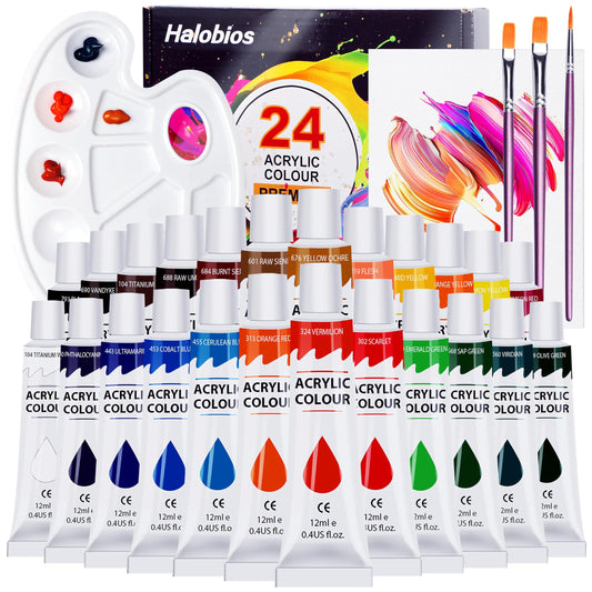 Acrylic Paint Set with 3 Paint Brushes, 24×12ml Colors Premium Paint Set with 1 Palette 1 Canvas Boards, Art Painting Kits for Adults, Paints Supplies for Canvas Rock Painting Craft Art Class