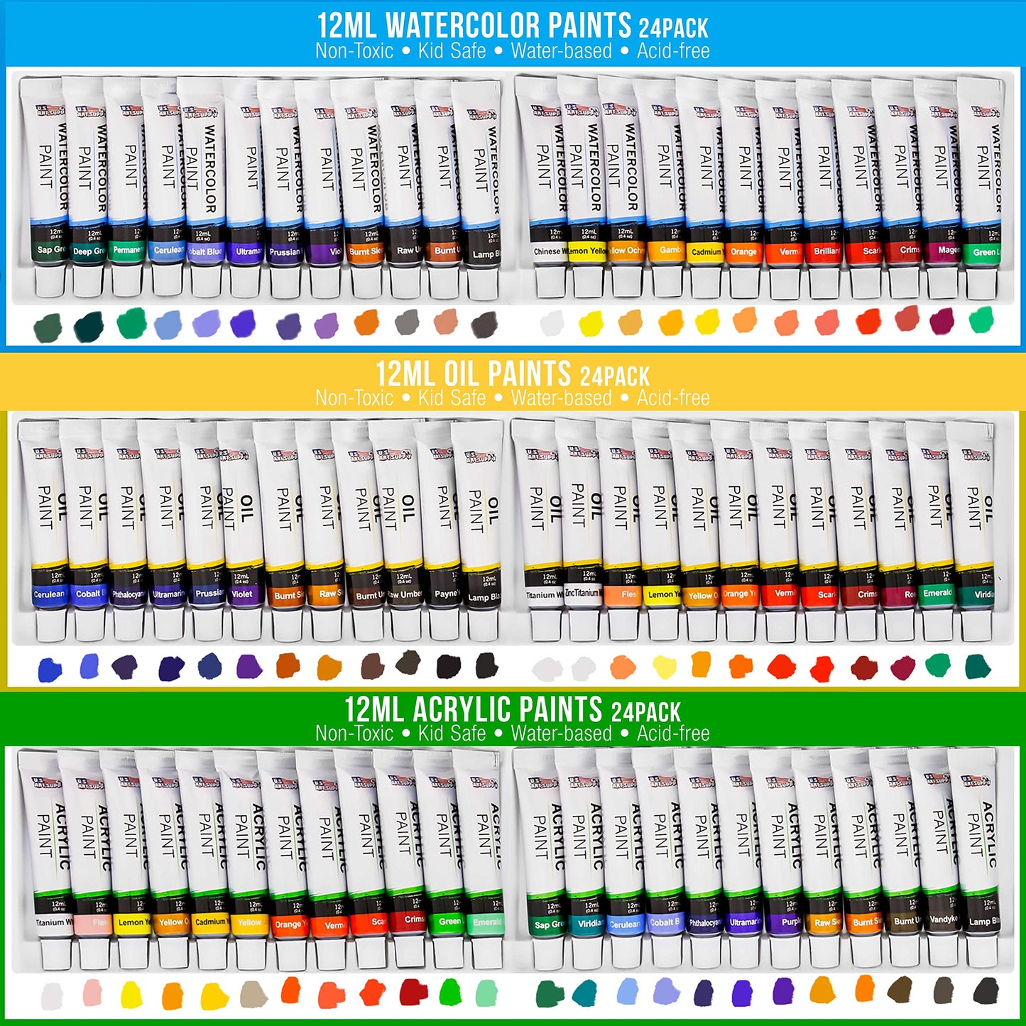 U.S. Art Supply 133-Piece Artist Painting Kit - Aluminum & Wood Easel, 24 Each (Acrylic, Oil, Watercolor Paints), 8 Canvases, 44 Brushes, 4 Paint & Sketch Pads - Painting Kits for Adults, Gift Set