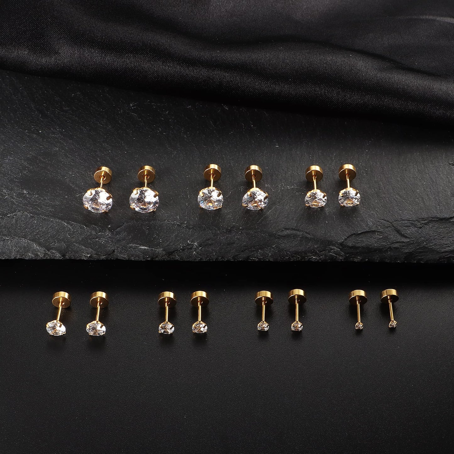 Fansilver 20G Hypoallergenic Flat Back Earrings for Women Men Silver 14K Gold Stainless Steel Stud Earrings Birthstone Cubic Zirconia Studs Surgical Steel Cartilage Earrings for Sensitive Ears