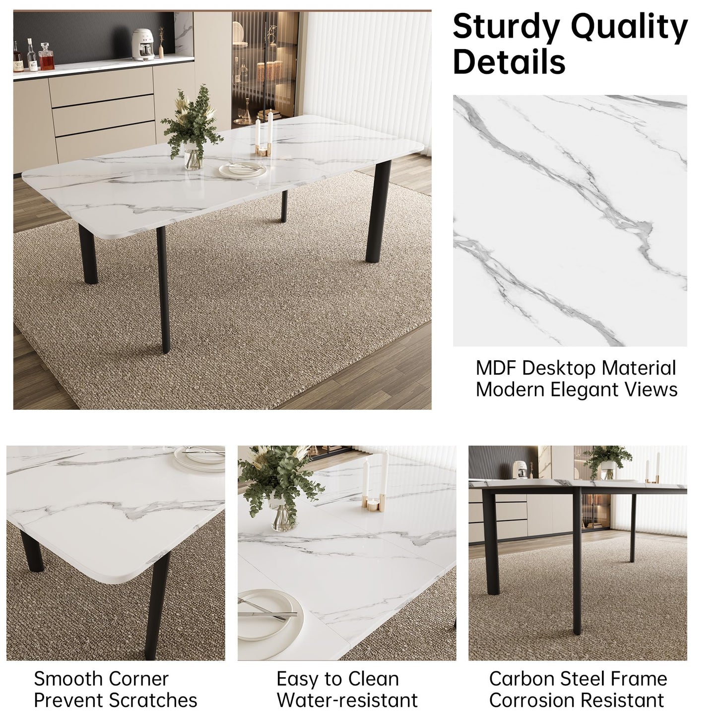HIPIHOM Extendable Dining Table Set for 6-8 People, 63 to 78.7 Inch MDF Kitchen Table with 6 Upholstered Chairs, Space-Saving for Dining Room, Breakfast Nook(White Table & 6 U-Shaped White Chairs)