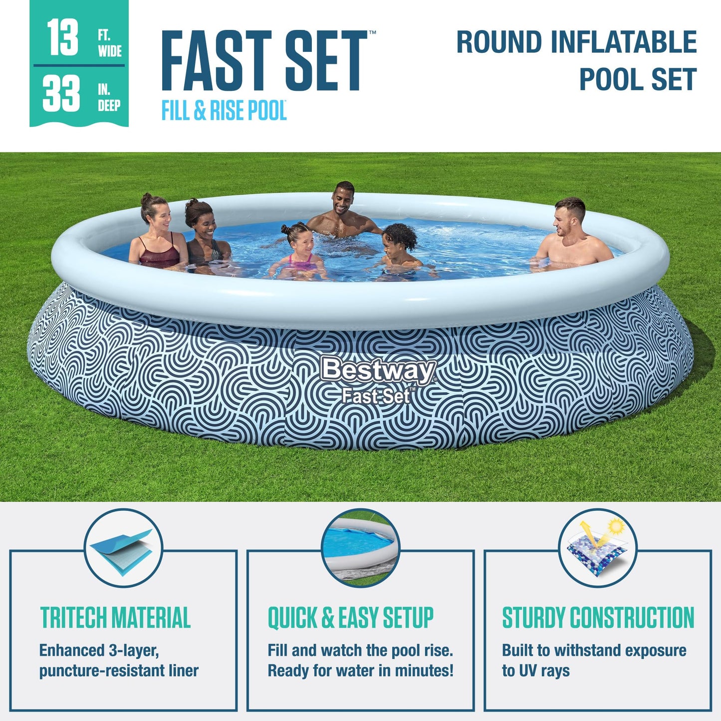 Bestway Fast Set 13' x 33" Round Inflatable Above Ground Swimming Pool Set, Outdoor Family Pool with Filter Pump, Rattan Print