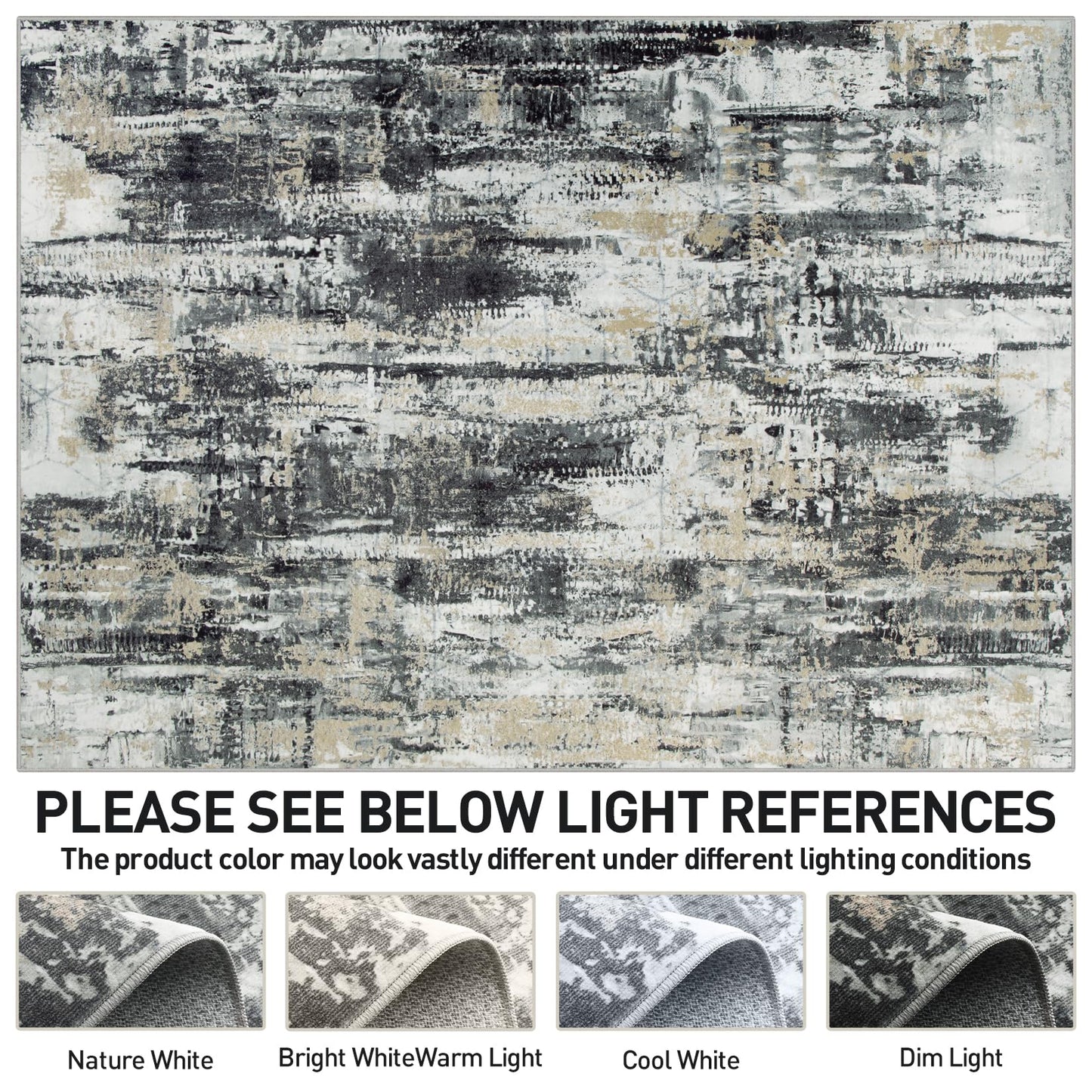 8x10 Area Rugs Washable Rug: Large Modern Abstract Living Room Rug Soft Anti-Skid Thin Carpet Indoor Floor Non-Shedding Carpets for Bedroom Dining Farmhouse Nursery Home Office Black Grey Gold
