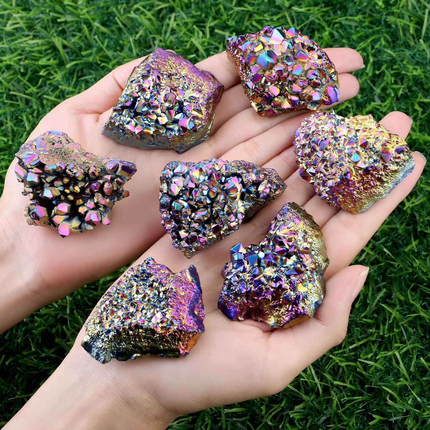 ZHIYUXI Rainbow Crystal Titanium Coated Crystal Cluster Crystal Geode Decor Rainbow Rock Natural Raw Crystal Energy Balance Reiki Wicca Home Decor 1Pc 50-70g