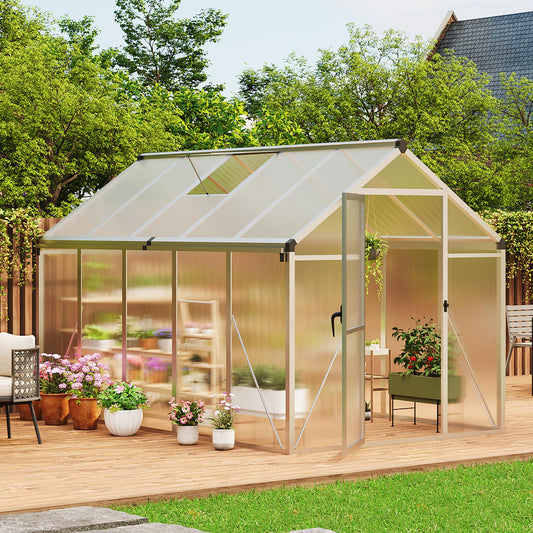 6X10 FT Greenhouse for Outdoors, Large Walk-in Polycarbonate Greenhouse Kit, Aluminum Frame, Lockable Door, Roof Vent, Ground Spikes, for Garden, Patio, Backyard, Outdoor Plant Growth