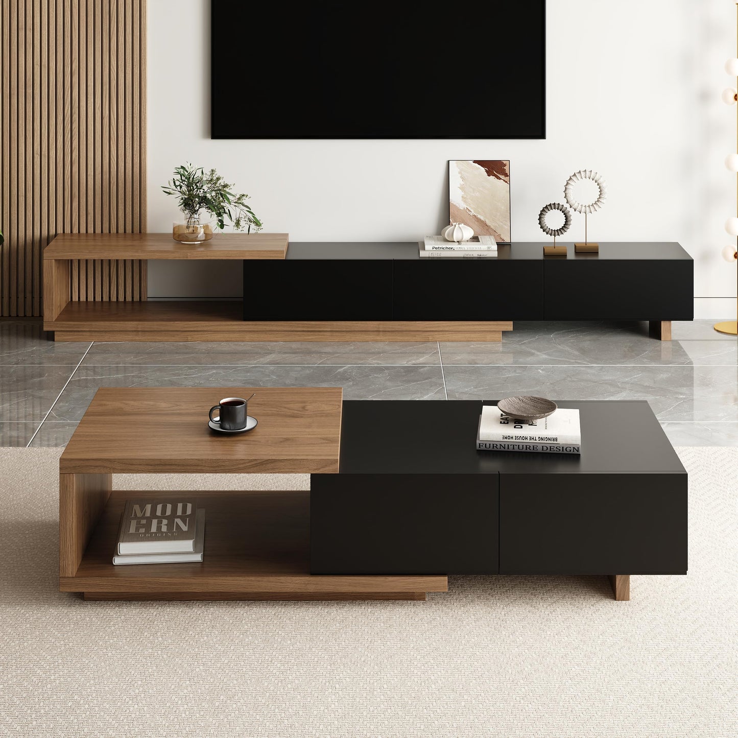 homary Modern Mid-Century Coffee Table and TV Stand Set of 2, Extendable Entertainment Center Set for Living Room (Black & Walnut)