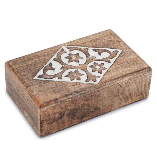 Ajuny Wooden Jewelry Box floral and Diamond Carvings Handmade Decorative Brown and White Storage Box Multipurpose Organizer Trinket Holder Case Unique Gifts for Men & Women