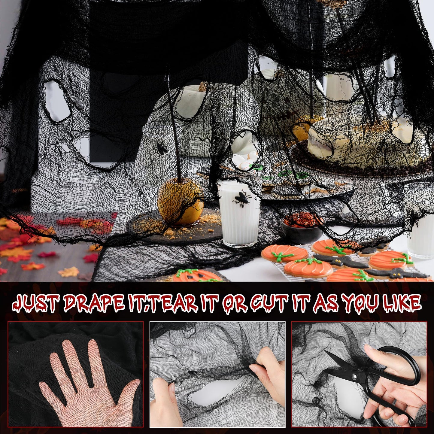 Nirohee 30x433 In Halloween Spider Web Black Creepy Cloth,900 Sqft Spider Webs Halloween Decorations with 100 Fake Spiders,Scary Spooky Gauze with Holes for Haunted House,Yard,Wall,Lawn,Garden,Horro