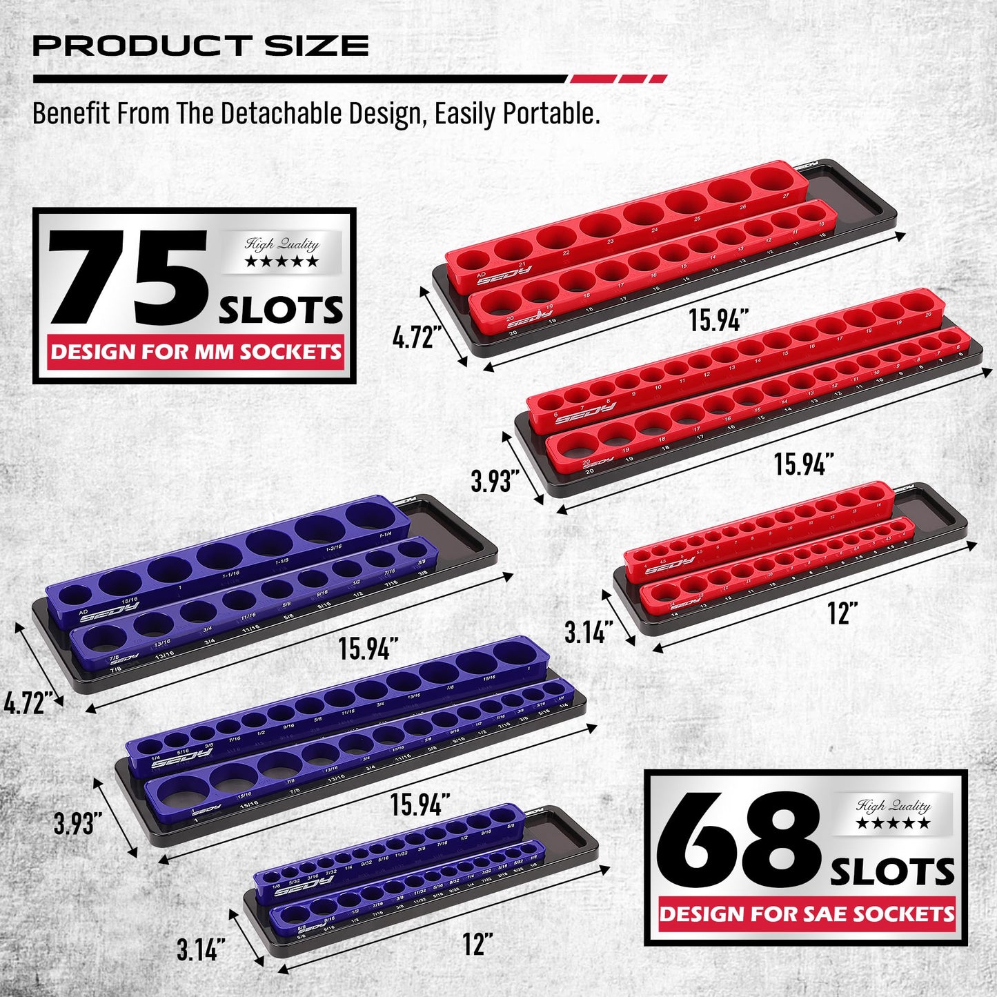 Magnetic Socket Holder Organizer Set: 6-Piece Detachable 1/2 3/8 1/4 Drive Sockets Storage Tray Magnetic Socket Organizer Tool Box Drawer Tool Box Organizers Storage Metric SAE (Sockets Not Included)